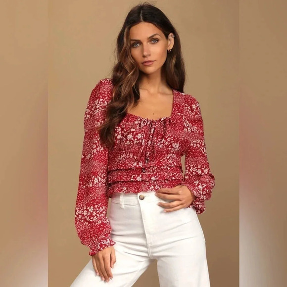 Lulu’s Lovely Wishes Red Floral Print Long Sleeve Crop Peasant Top - Picture 1 of 11